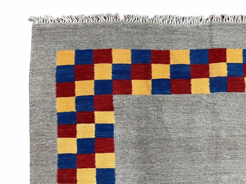 Gray Kilim Carpet, Yellow, Red, Blue Checkerboard Pattern, Flatweave, New, Geometric, Hand-Knotted, Wool, Turkish Area Rug, 5' 9" x 7' 9" by Jewel Rugs