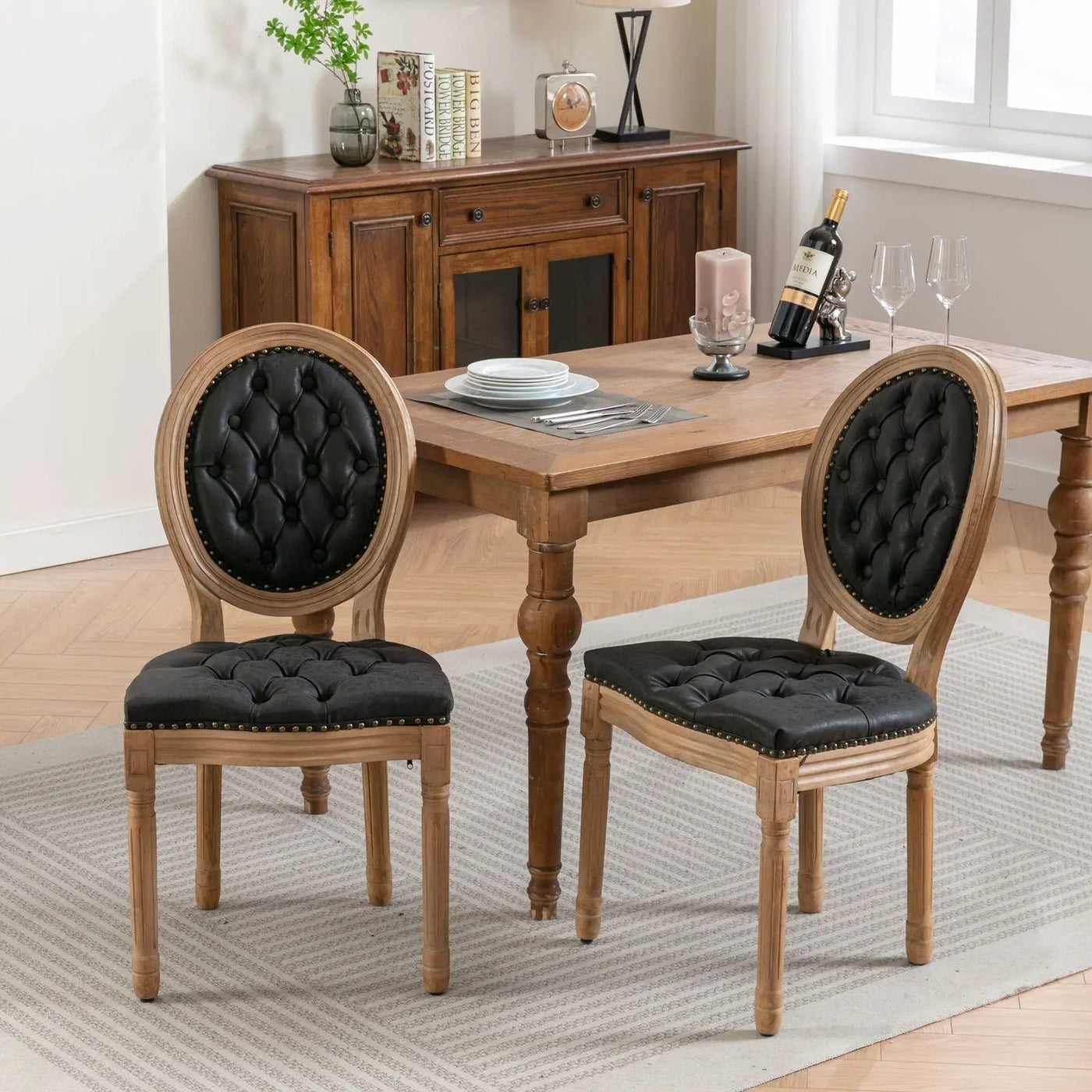 French Style Solid Wood Frame Antique Painting, Hand-Pulled Buckle Decoration Artificial Dining Chair With Nailhead Trim, Wood Legs by HouseOfZazla