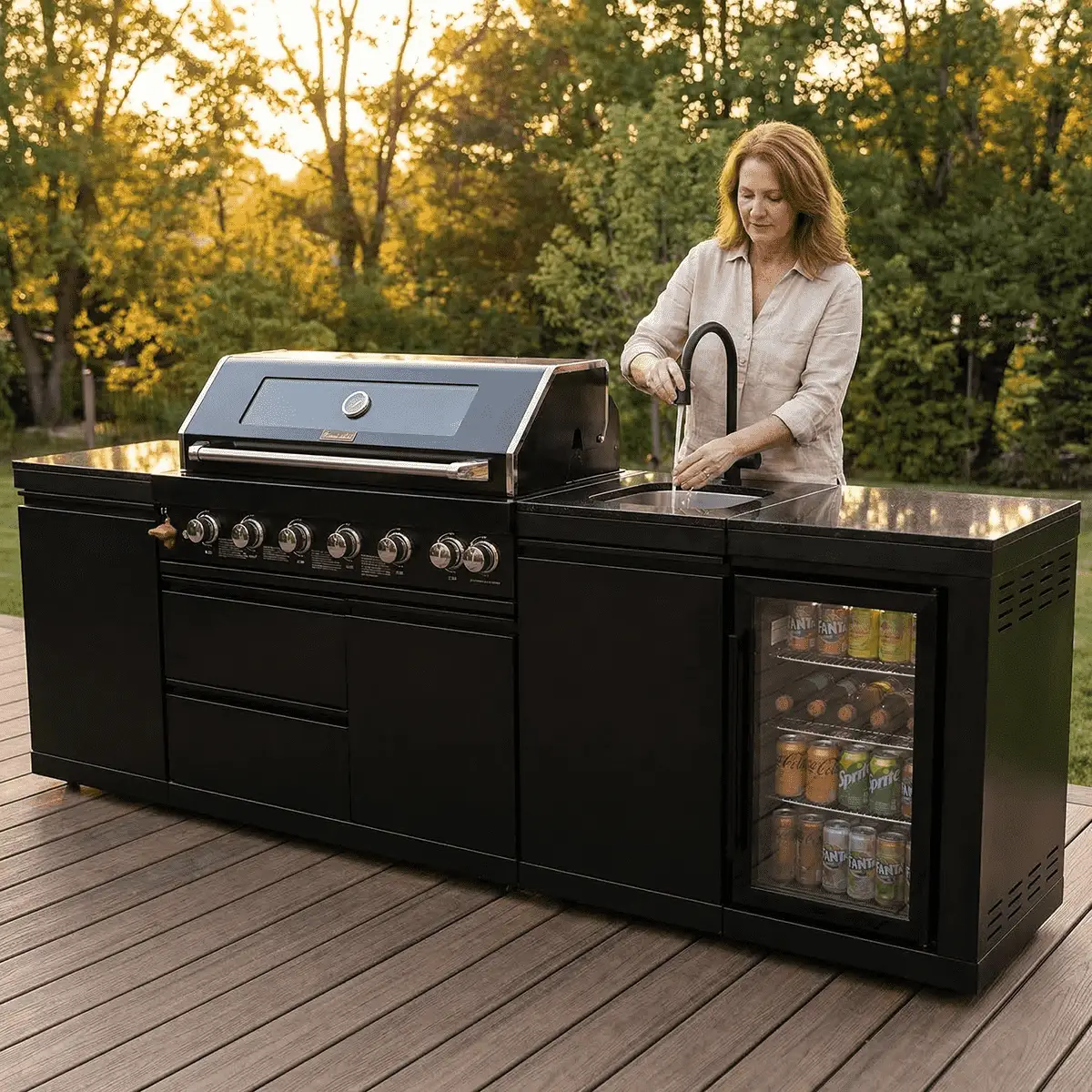 102" 6-Burner 85,000 BTU Black Outdoor Kitchen Island Grill + Refrigerator + Marble Countertops + Sink by Chery Industrial