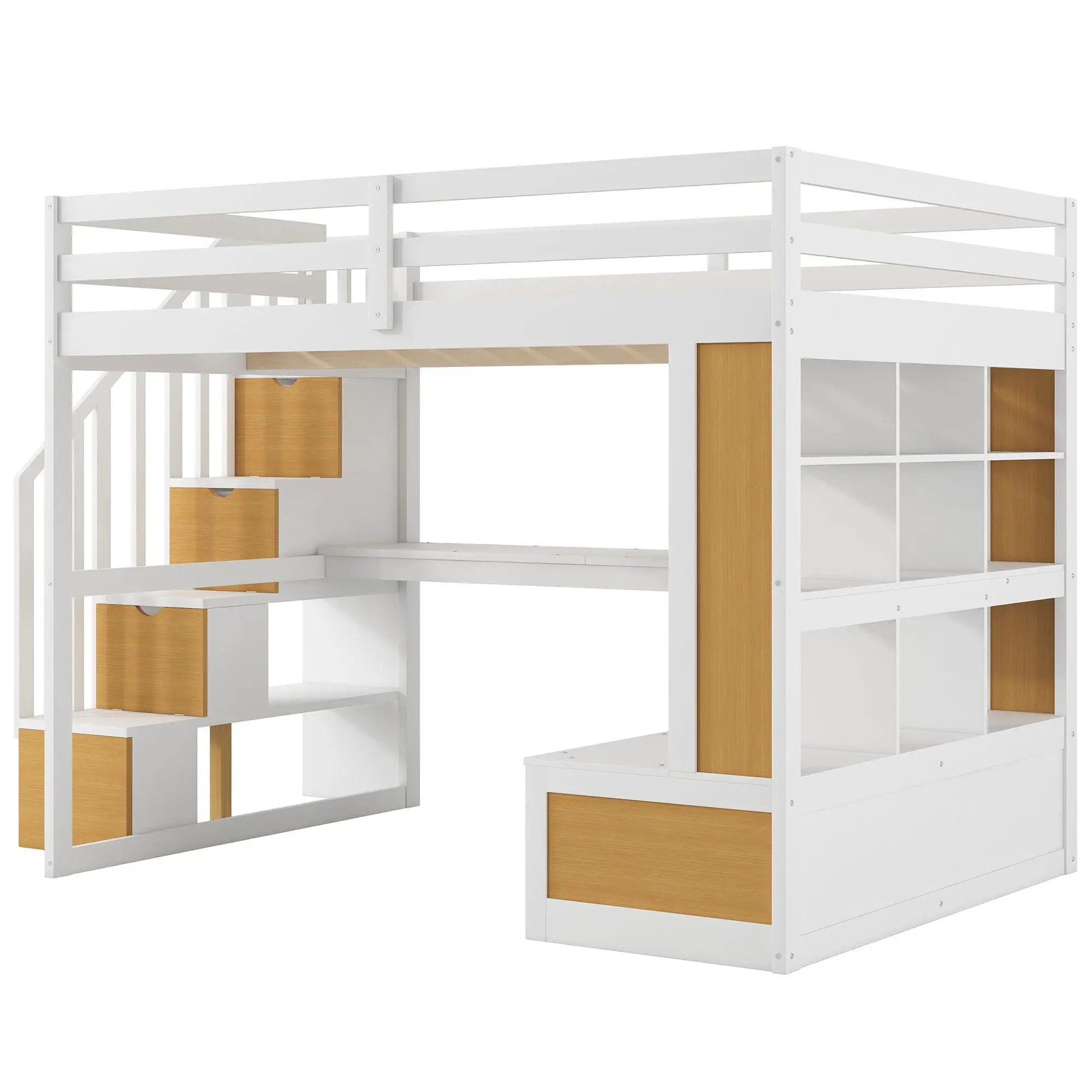 Full Size Loft Bed With Desk And Shelves, 2 Built In Drawers, Storage Staircase - Natural / White by HouseOfZazla