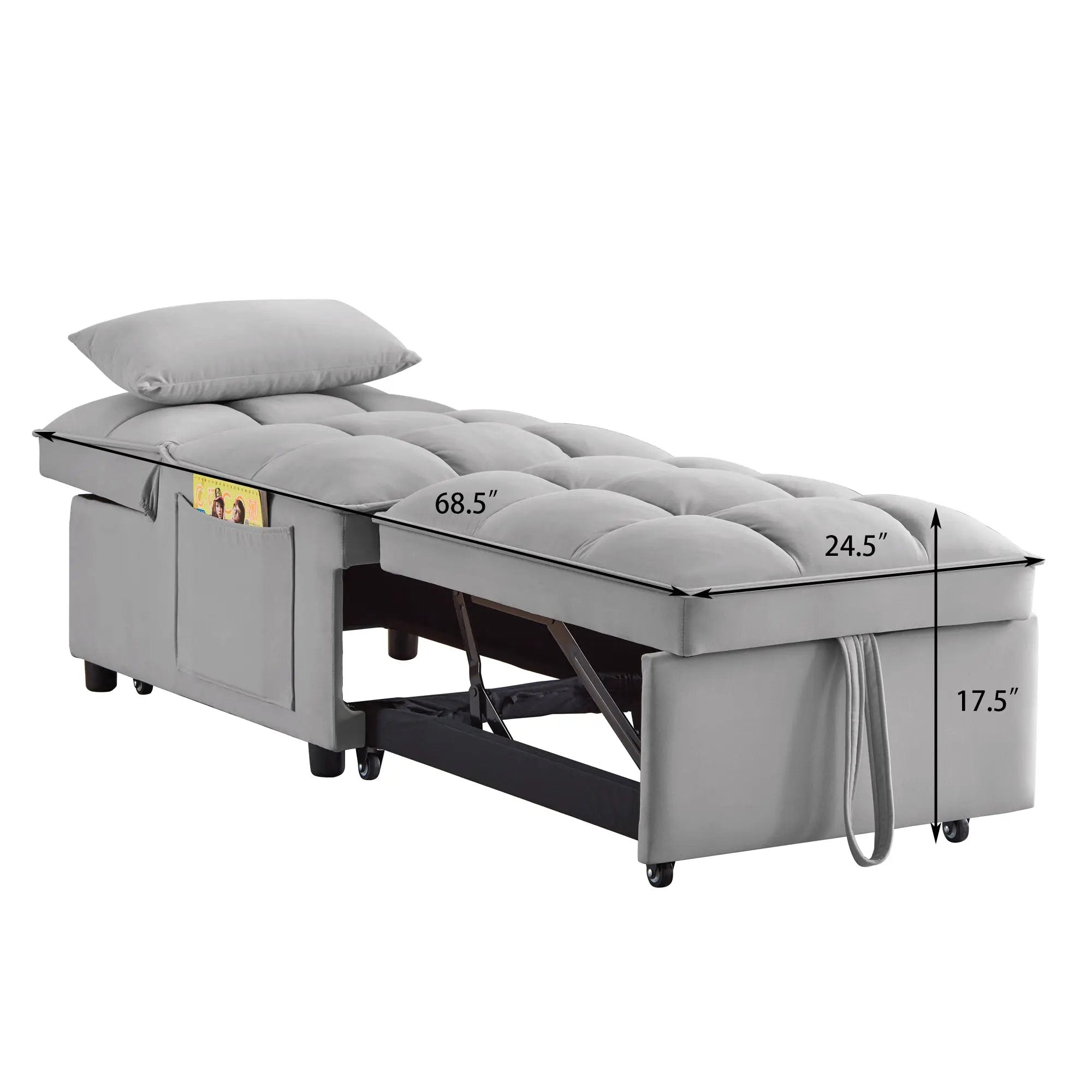 4 in 1 Multi-Function Single Sofa Bed with Storage Pockets Gray by HouseOfZazla