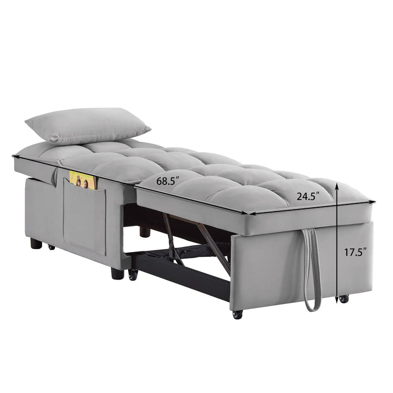 4 in 1 Multi-Function Single Sofa Bed with Storage Pockets Gray by HouseOfZazla