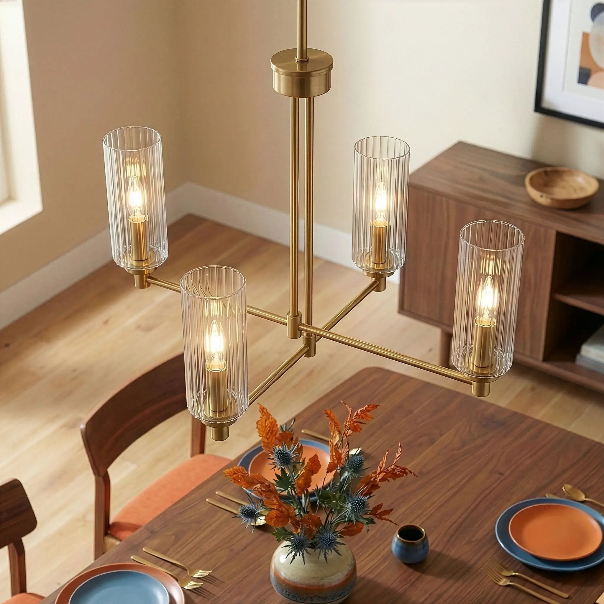 Enigma - 4 Lights Chandelier With Clear Ribbed Satin - Antique Brass / Clear / Gold by HouseOfZazla
