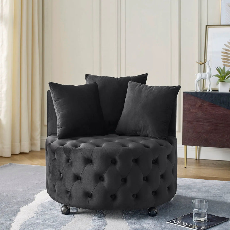 Modern Upholstered Swivel Chair With Button Tufted Design And Movable Wheels by Unique Piece Furniture