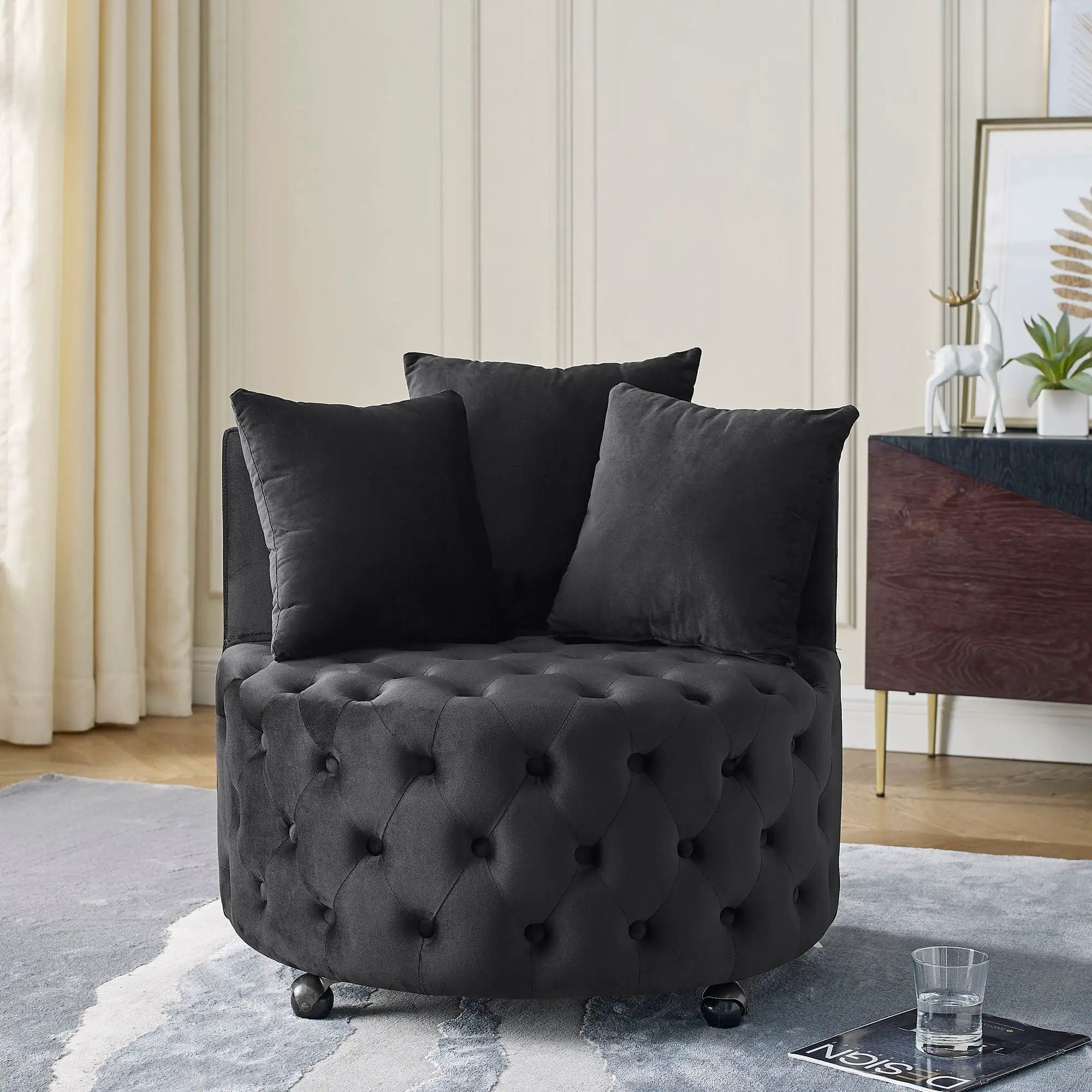 Modern Upholstered Swivel Chair With Button Tufted Design And Movable Wheels by HouseOfZazla
