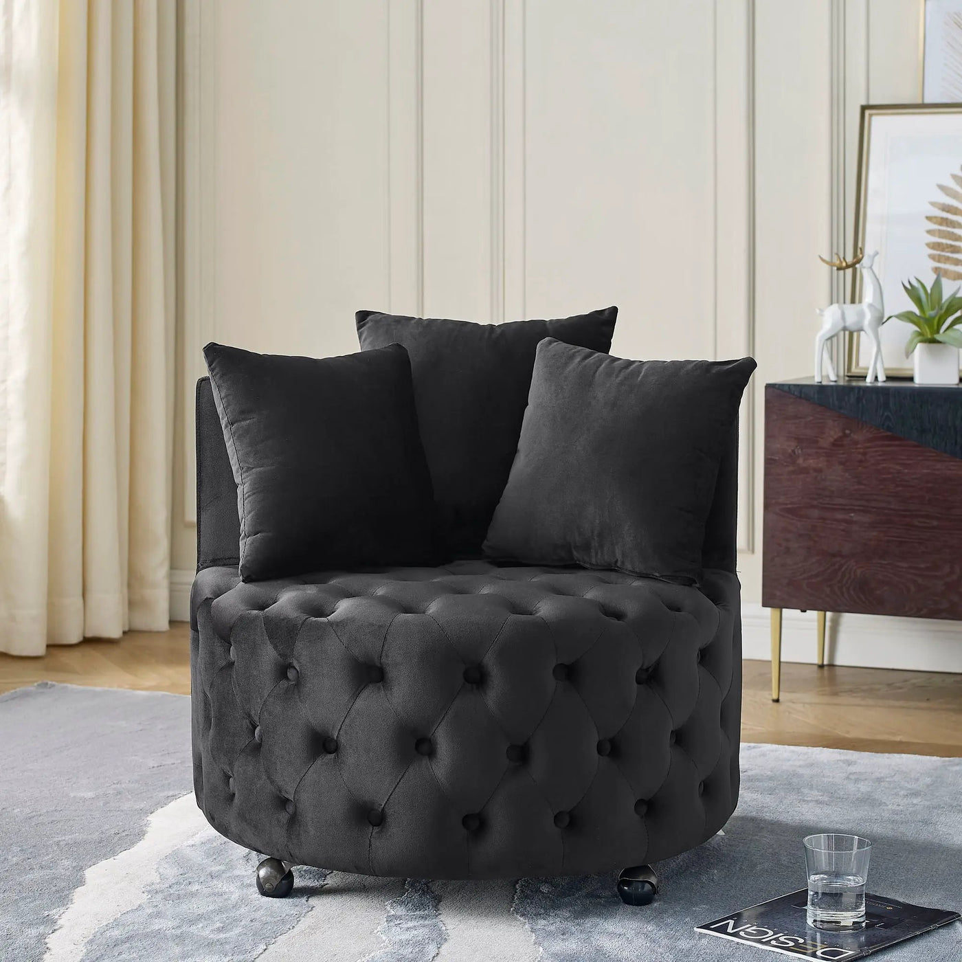 Modern Upholstered Swivel Chair With Button Tufted Design And Movable Wheels by Unique Piece Furniture