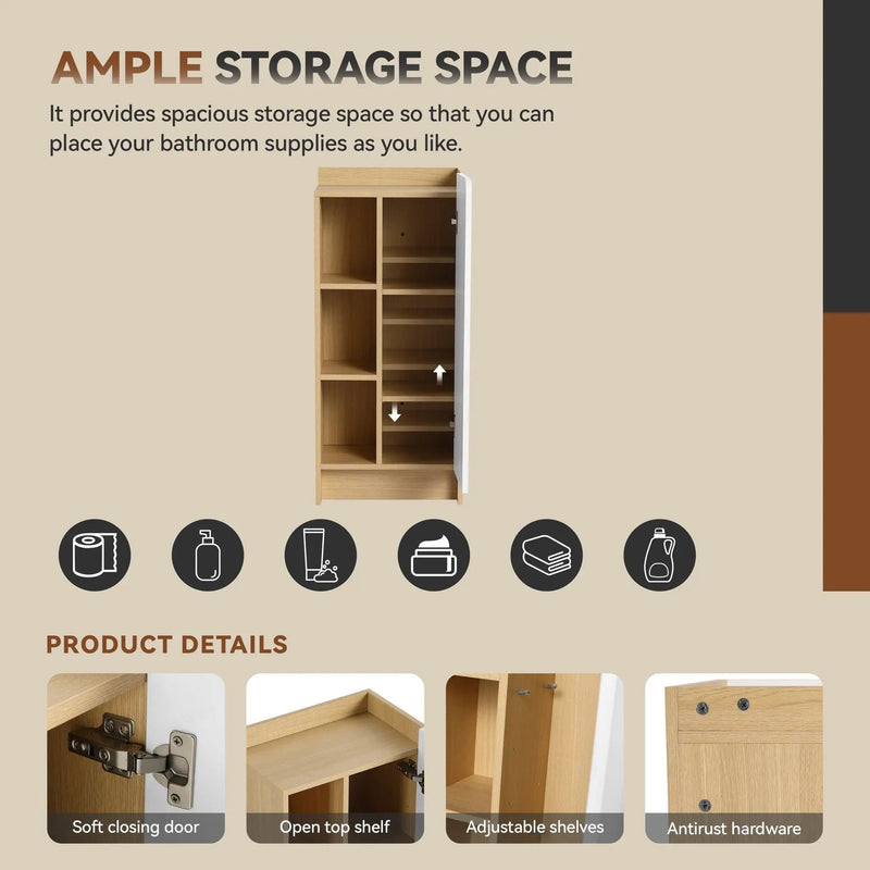 Freestanding Bathroom Side Cabinet, Narrow Storage Cabinet With Single Door & 3 Tier Open Shelves - Black / Light Oak / White by HouseOfZazla