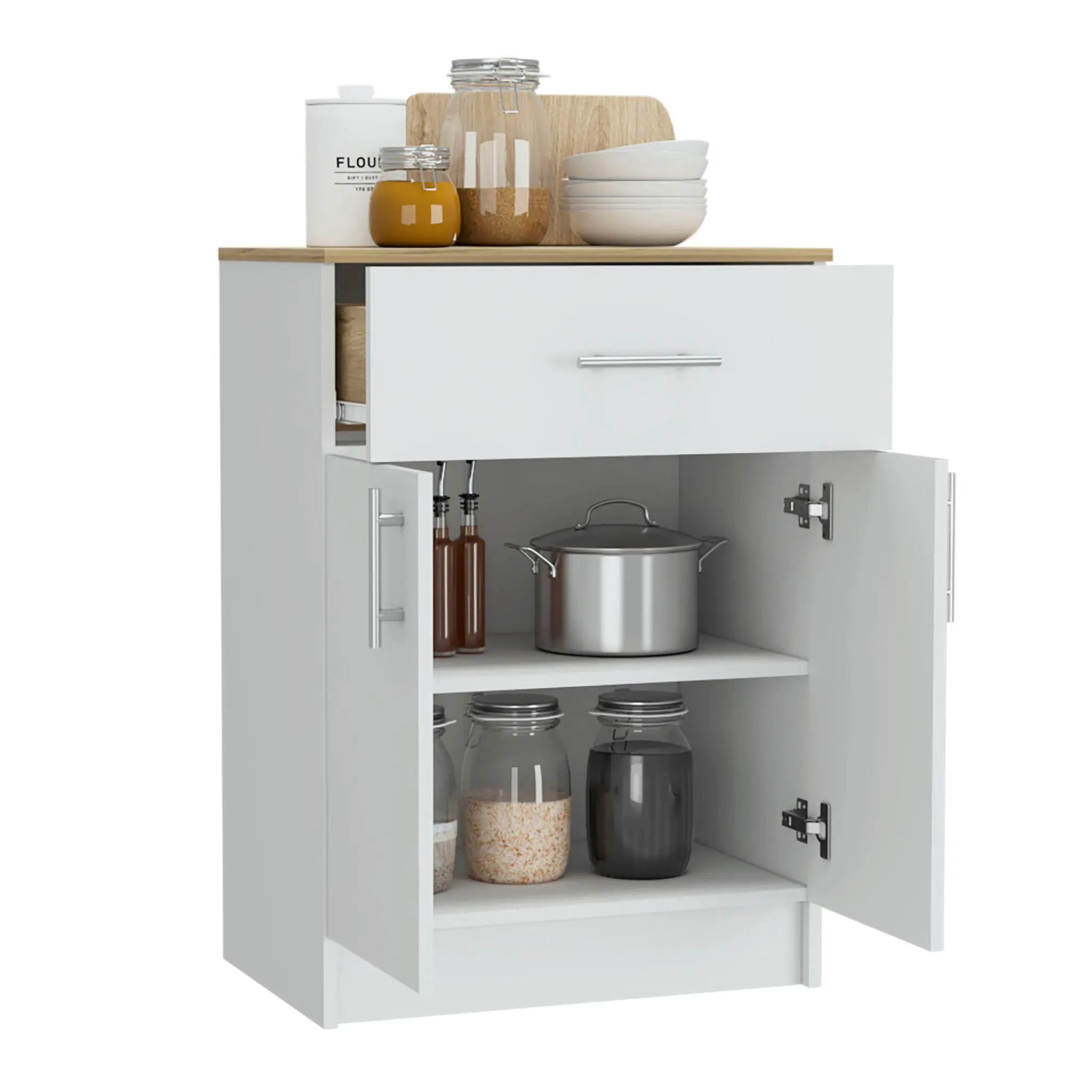 Pantry Organizer Cabinet One Drawer, Two Interior Shelves, Two Doors - White / Light Oak by Unique Piece Furniture