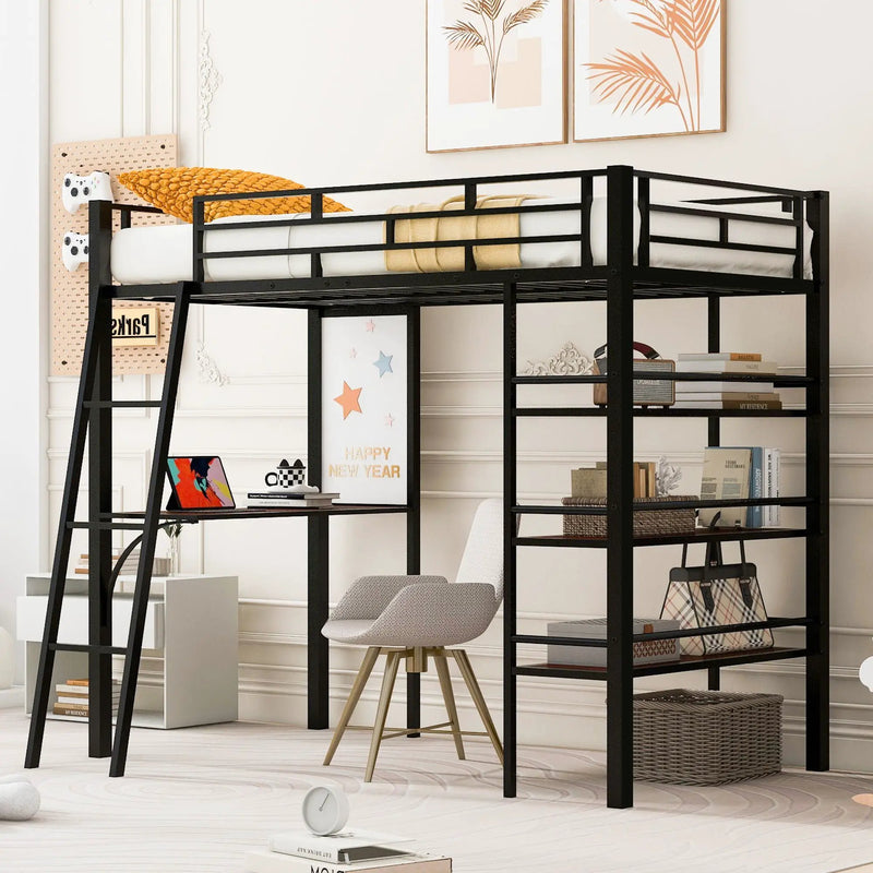 Loft Metal Bed With 3 Layers Of Shelves And Desk, Stylish Metal Frame Bed With board by HouseOfZazla