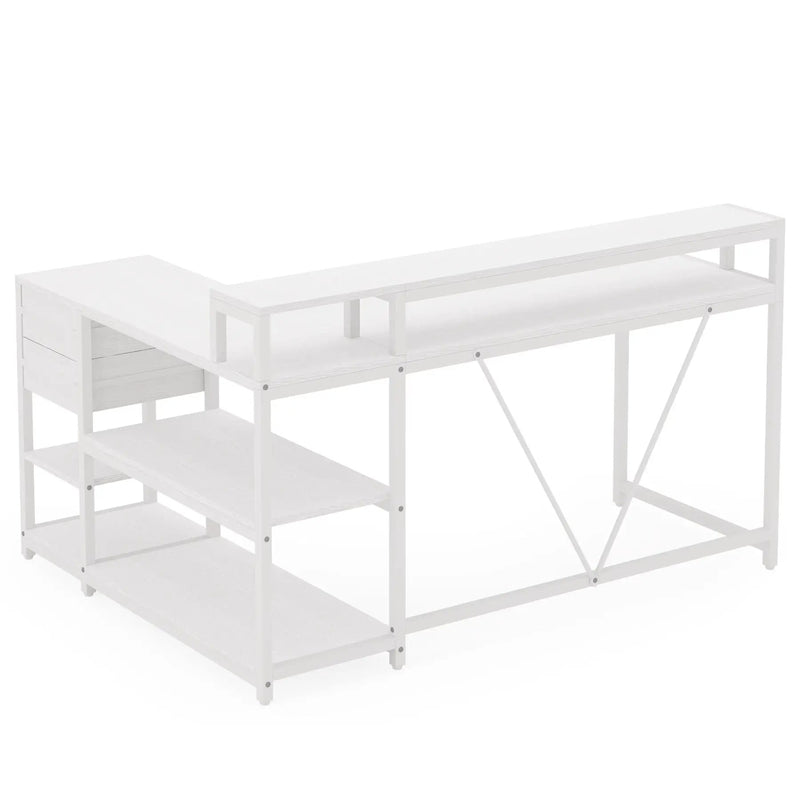 L-Shaped Home Office Desk With Monitor Riser, Drawers, And Storage Shelves by HouseOfZazla