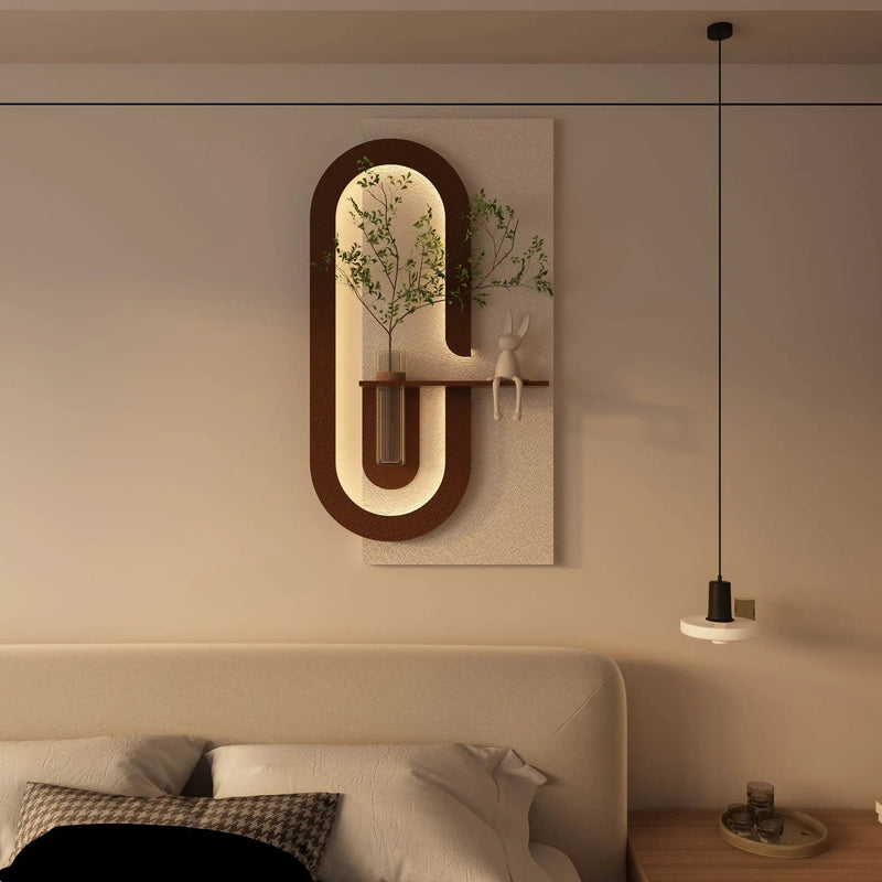 Adjustable LED Sandstone Wall Decor With Simulated Plants 3D Art Sculpture, Glass Vase & Rabbit Statue, Remote Control - Light Coffee by HouseOfZazla