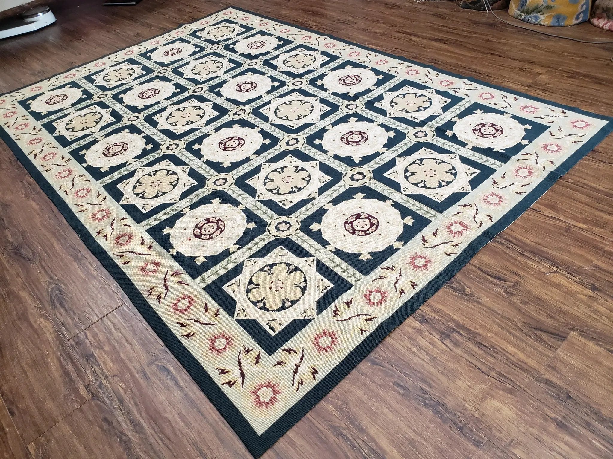 Vintage Chinese Needlepoint Rug 6x9, Panel Design Area Rug Wool Hand-Woven Black & Ivory Carpet Flat Weave Bedroom Rug 6 x 9 Living Room Rug by Jewel Rugs