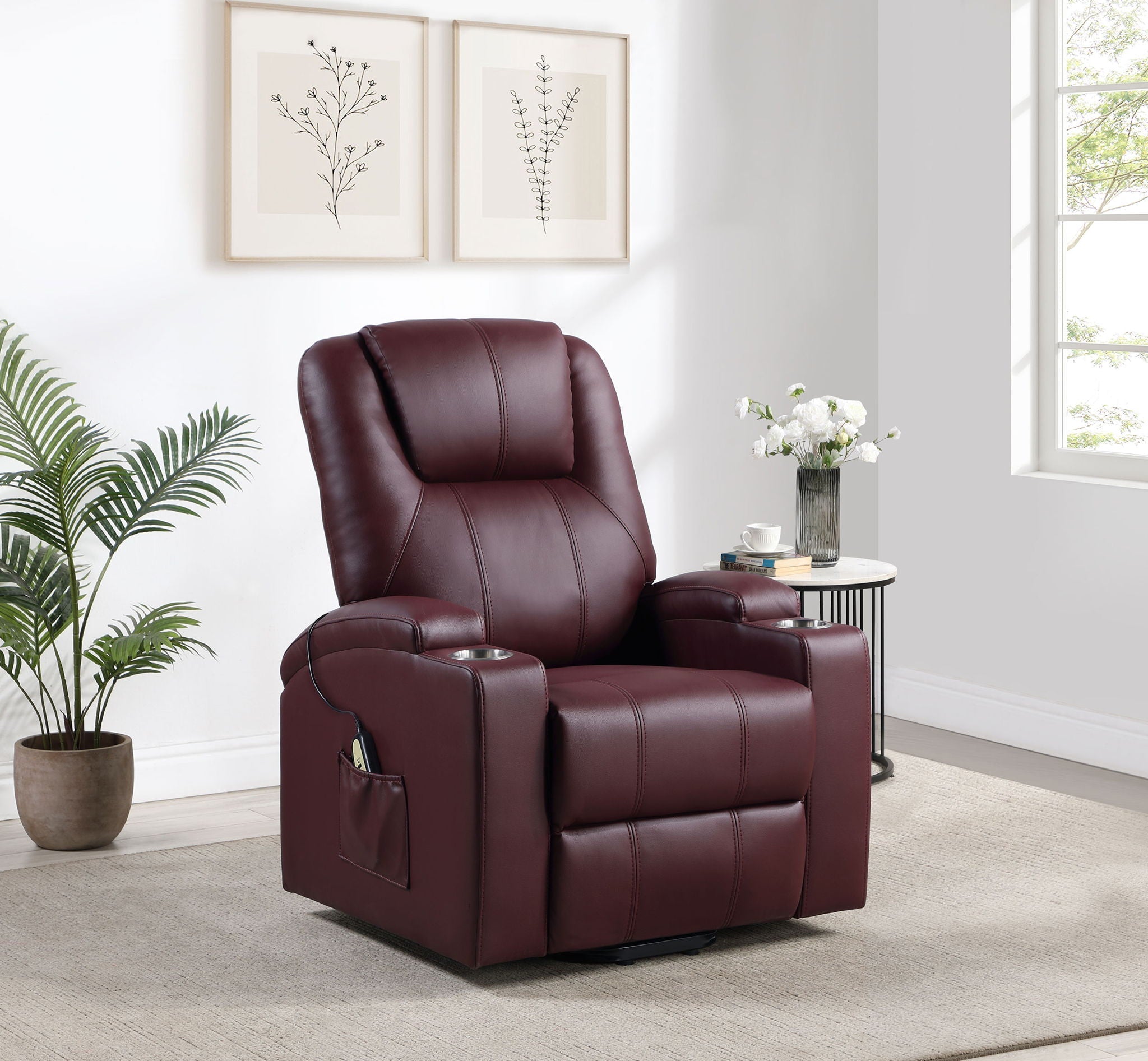 Armstrong Upholstered Power Lift Massage Recliner Wine by Unique Piece Furniture