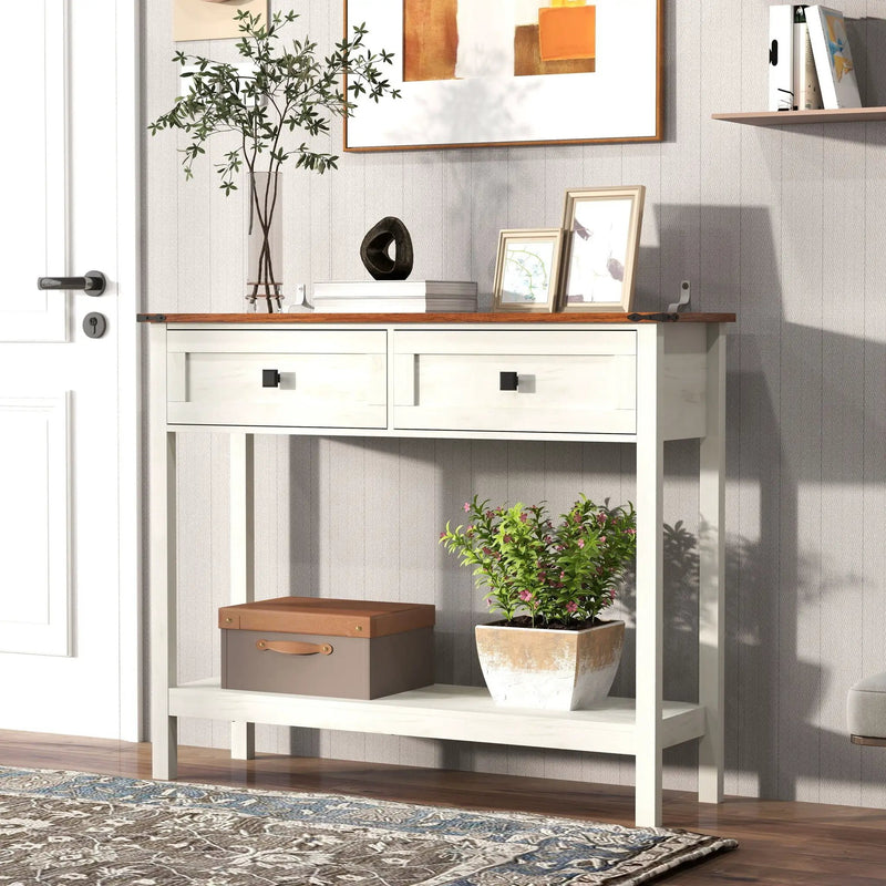 Farmhouse Style Console Table With 2 Drawers And Bottom Storage Shelf by Unique Piece Furniture