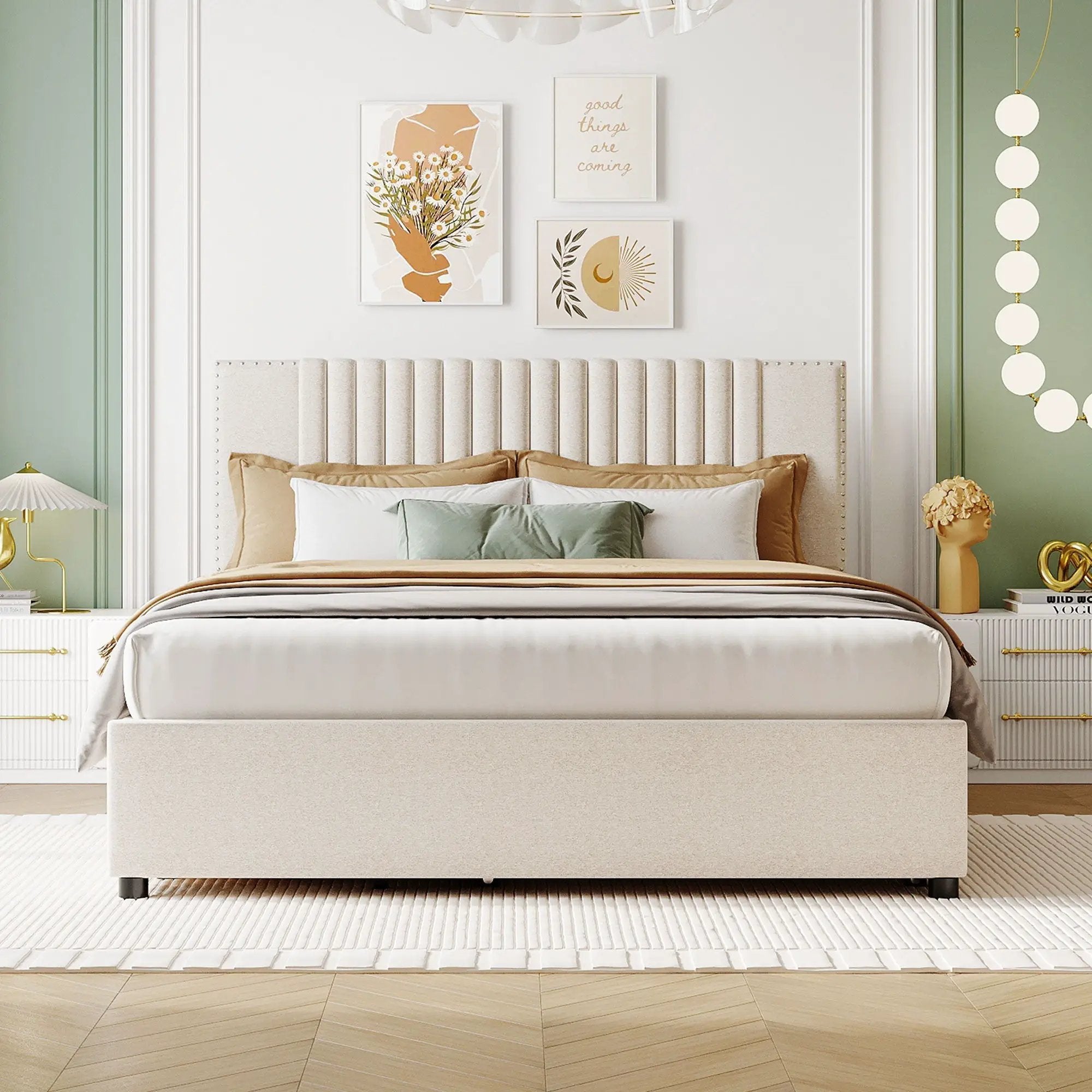 Upholstered Platform Bed With Drawers, Classic Headboard Design by HouseOfZazla