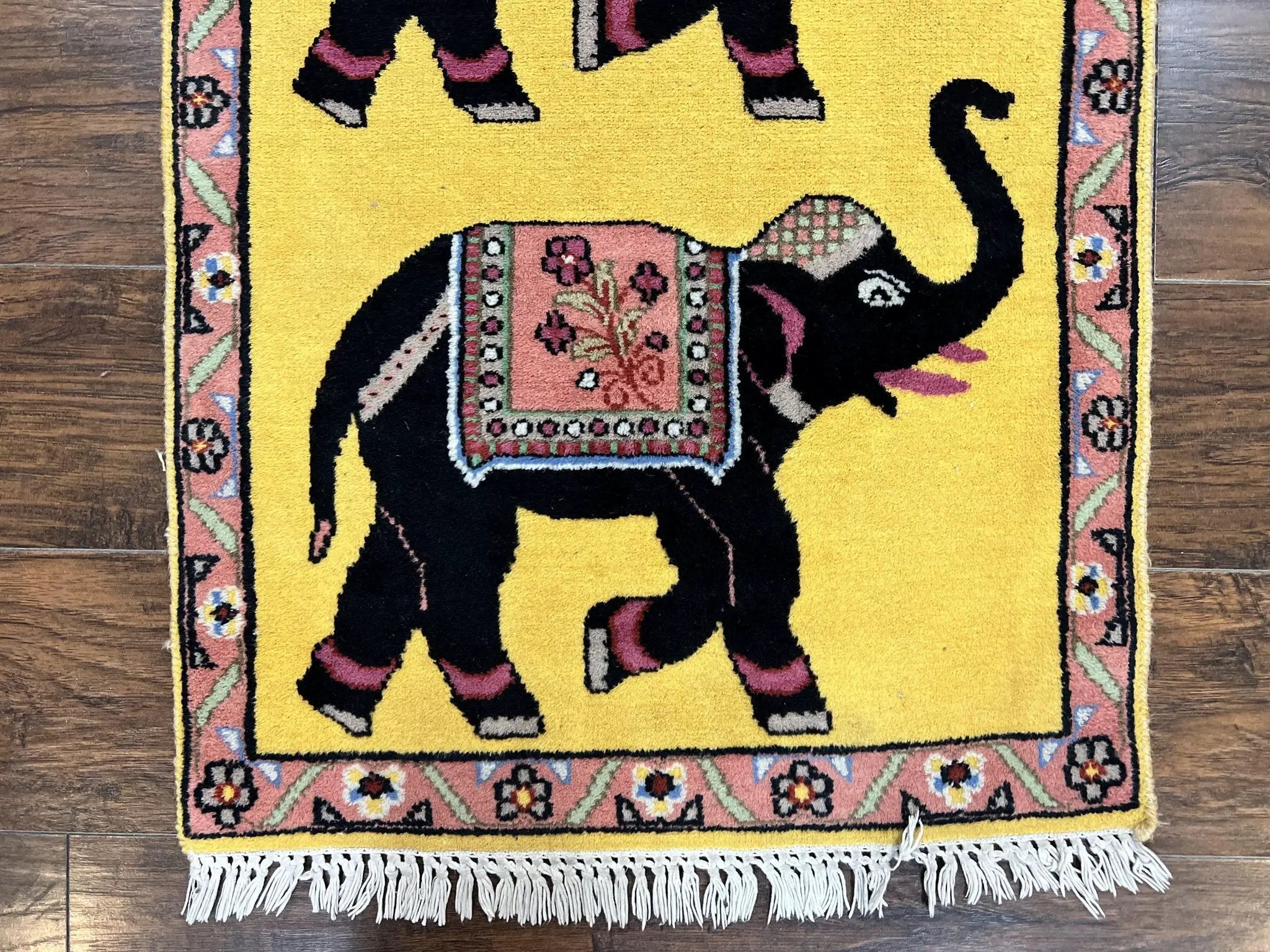 Unique Indian Pictorial Rug 2x3, Small Wool Hand Knotted Oriental Carpet, Yellow, Two Elephants, Handmade by Jewel Rugs