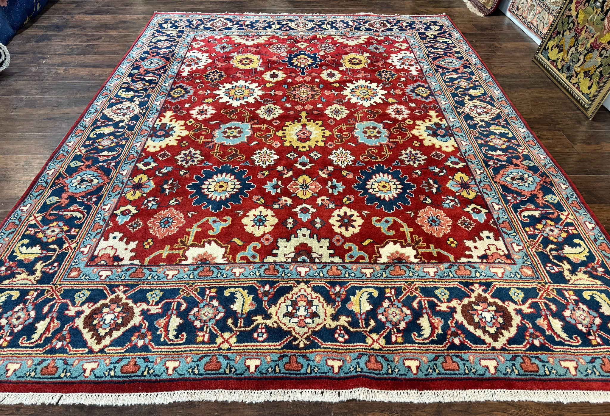 Indo Heriz Rug 8x10, Red and Navy Blue, Allover Pattern, Wool Handmade Carpet by Jewel Rugs