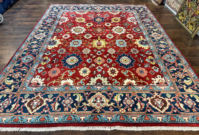 Indo Heriz Rug 8x10, Red and Navy Blue, Allover Pattern, Wool Handmade Carpet by Jewel Rugs