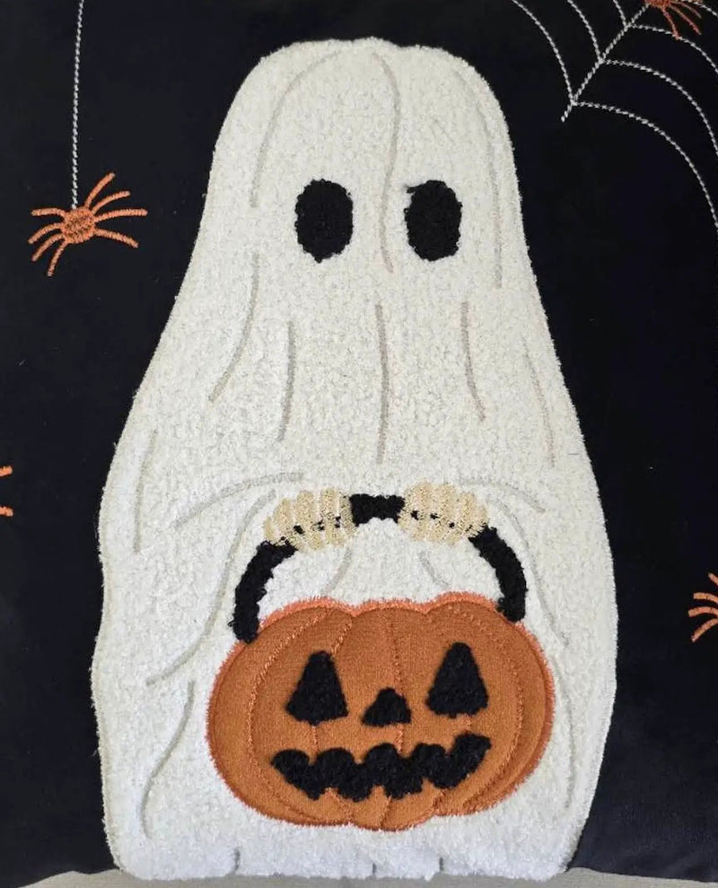 Halloween Ghost with Pumpkin Bucket Throw Pillow Set of 2 by HouseOfZazla