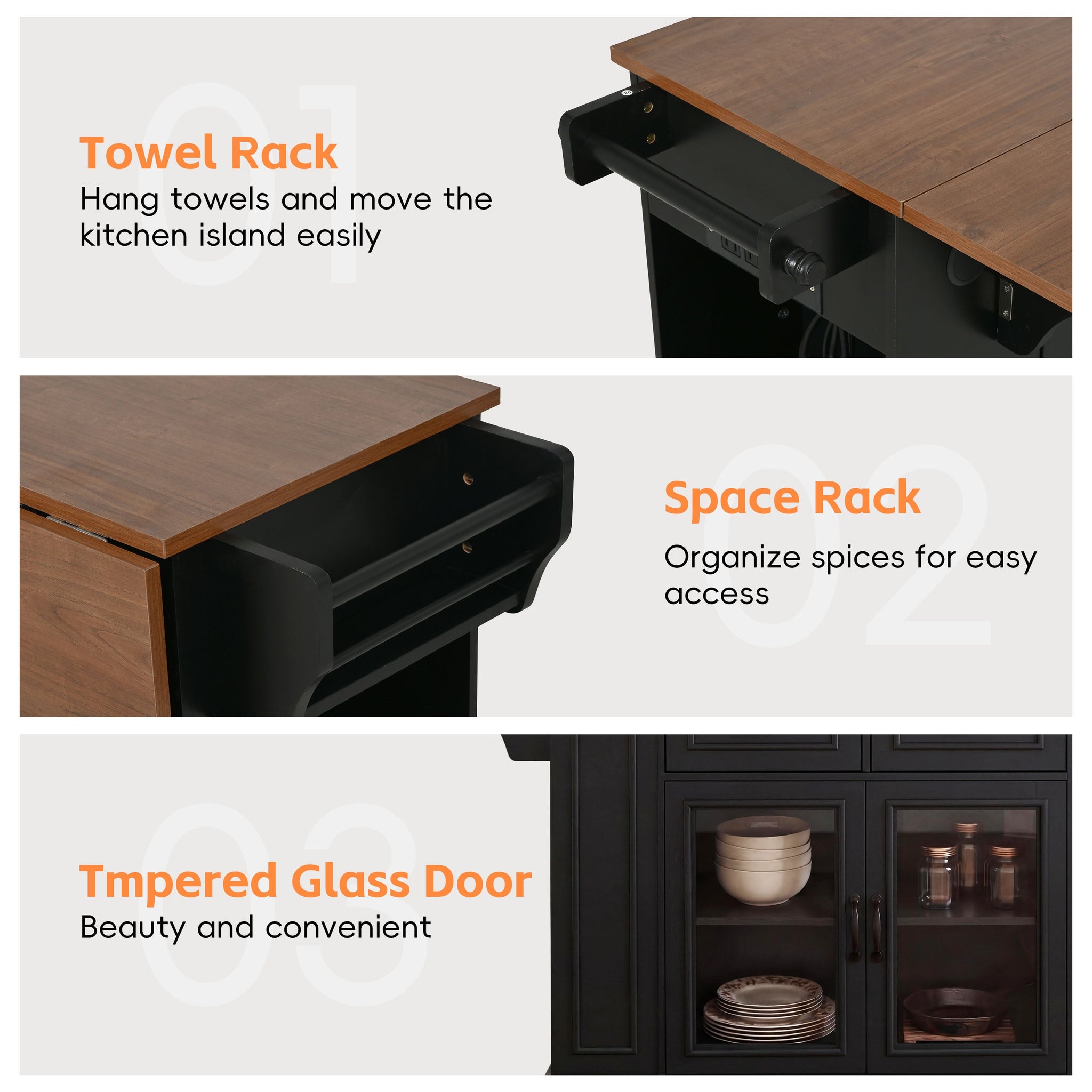 54" Mobile Kitchen Island with Glass Door Storage, Power Outlet & Rolling Cart by HouseOfZazla