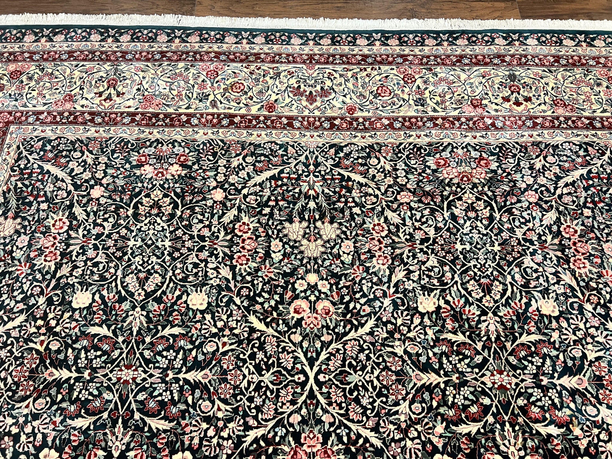 Large Sino Persian Rug 10x14, Wool Hand Knotted Vintage Carpet, Dark Green & Beige, Kirman Floral Rug, Fine Weave, Traditional, Large by Jewel Rugs