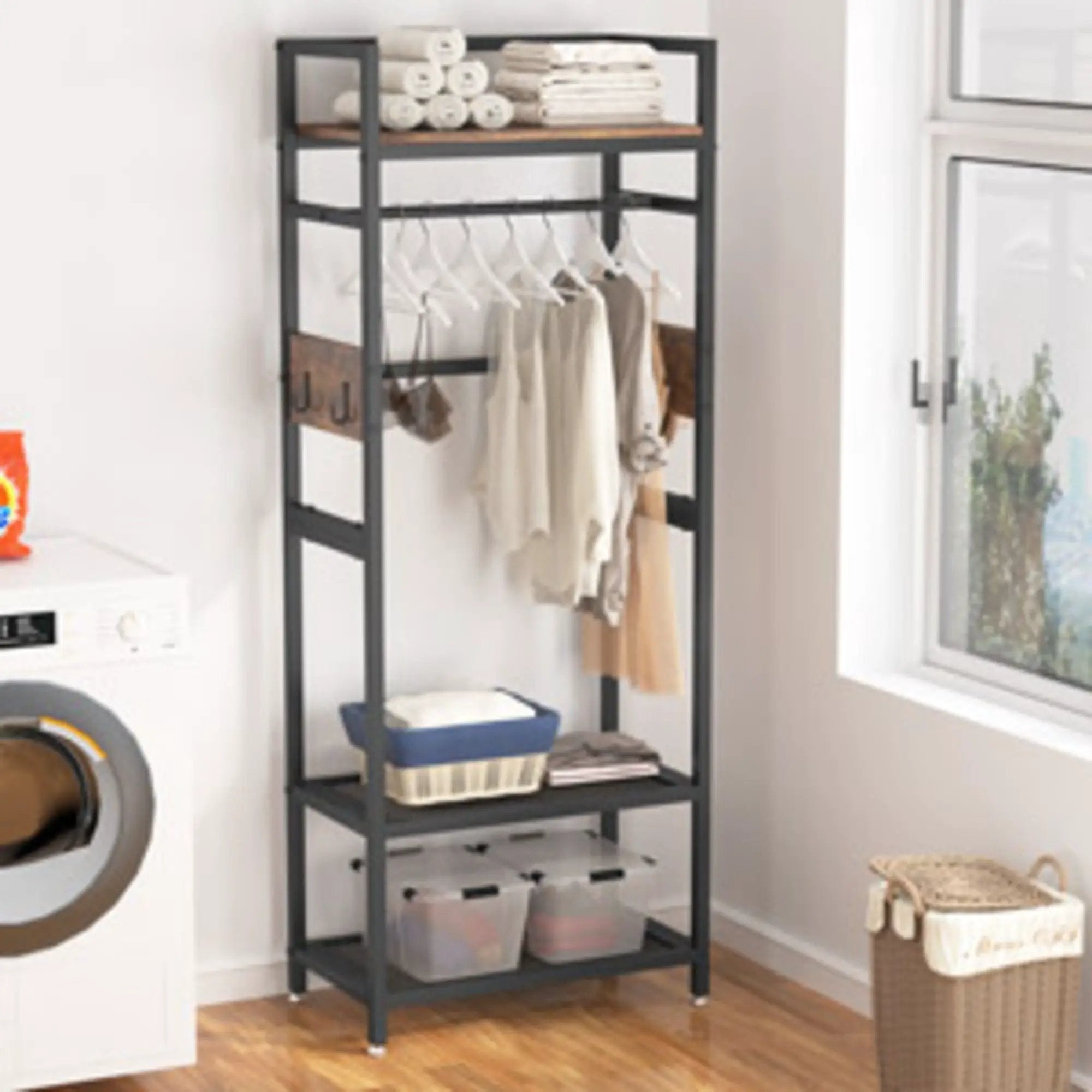 Rack With Hanging Rod, 4 Hooks, Heavy Duty Freestanding Closet Organizer - Brown / Black by HouseOfZazla