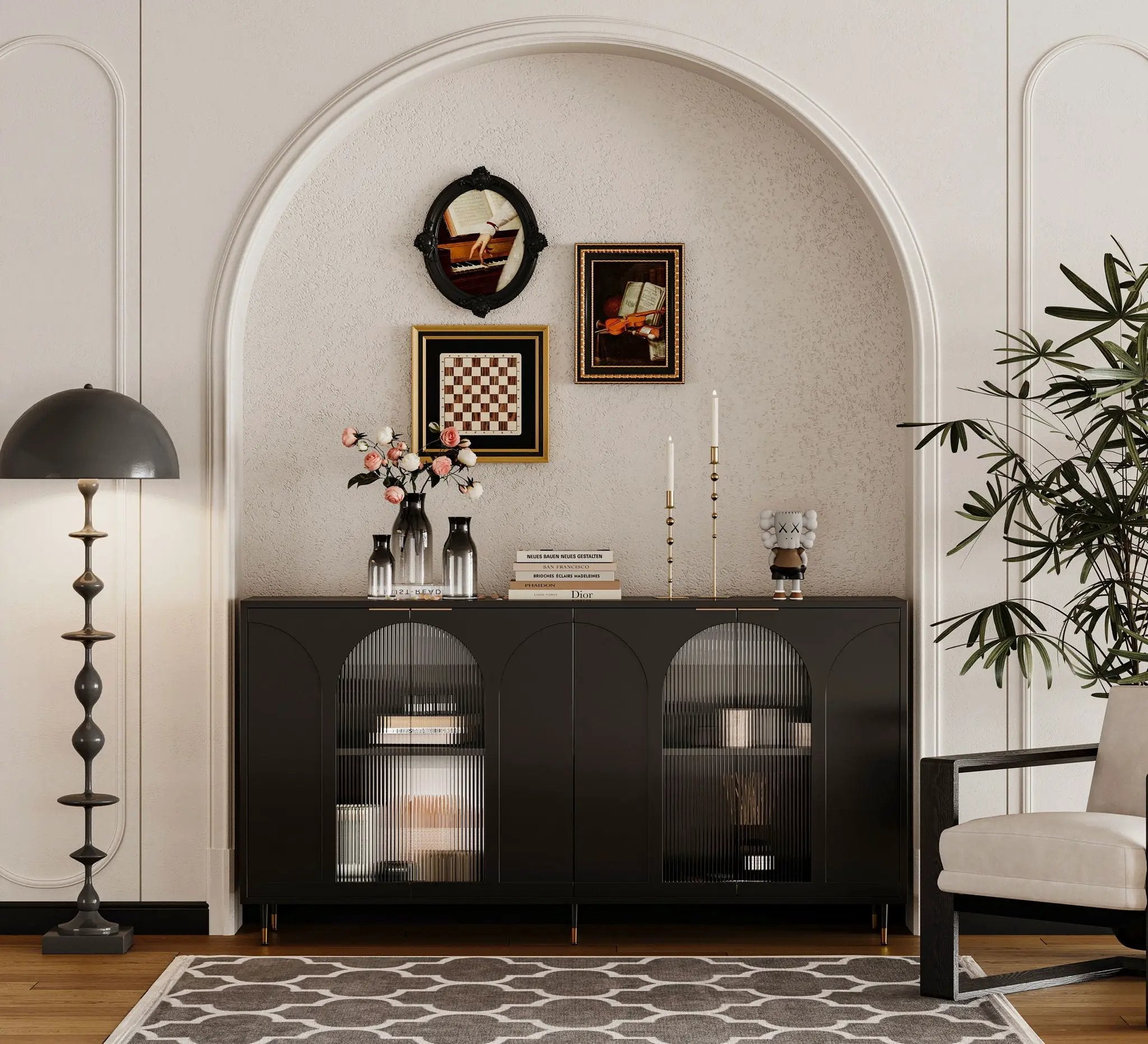 Accent Cabinet Lacquered Wooden Cabinet With 4 Glass Doors Sideboard Buffet Server Cabinet Storage Cabinet, For Living Room, Entryway, Hallway, Office, Kitchen And Dining Room by Unique Piece Furniture