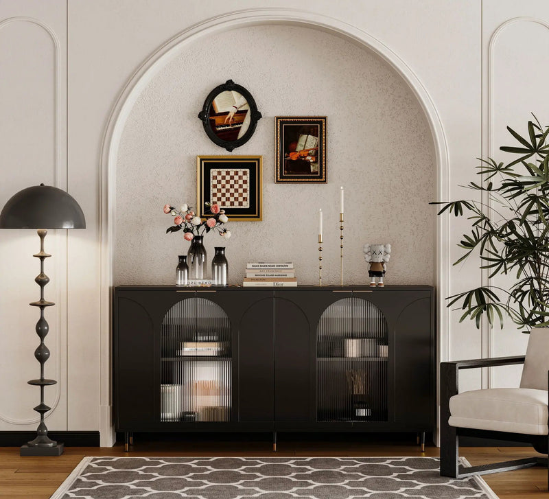 Accent Cabinet Lacquered Wooden Cabinet With 4 Glass Doors Sideboard Buffet Server Cabinet Storage Cabinet, For Living Room, Entryway, Hallway, Office, Kitchen And Dining Room by HouseOfZazla