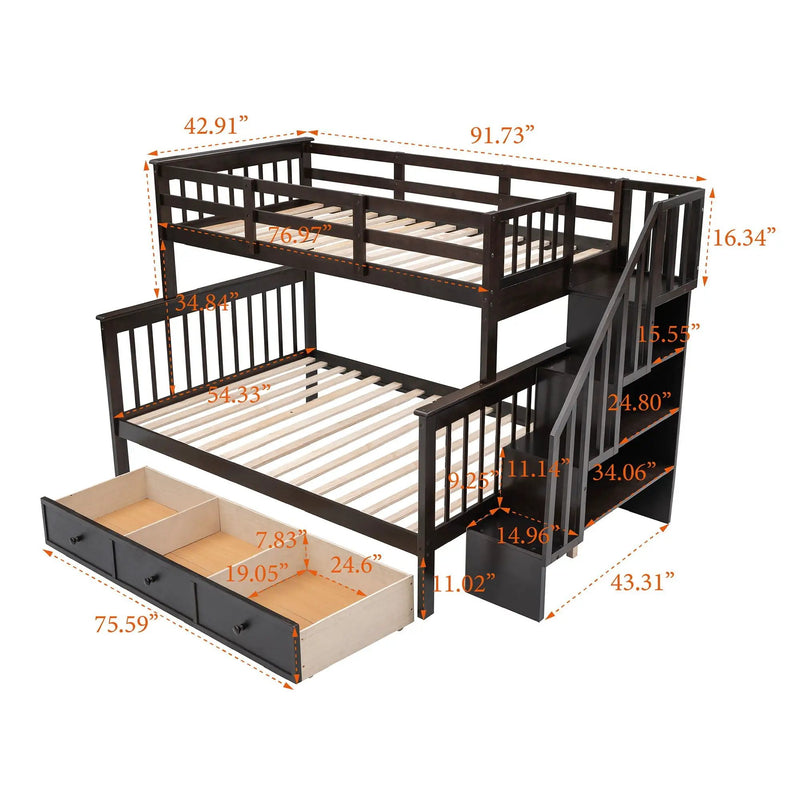 Stairway Bunk Bed With Storage And Guard Rail For Bedroom by HouseOfZazla