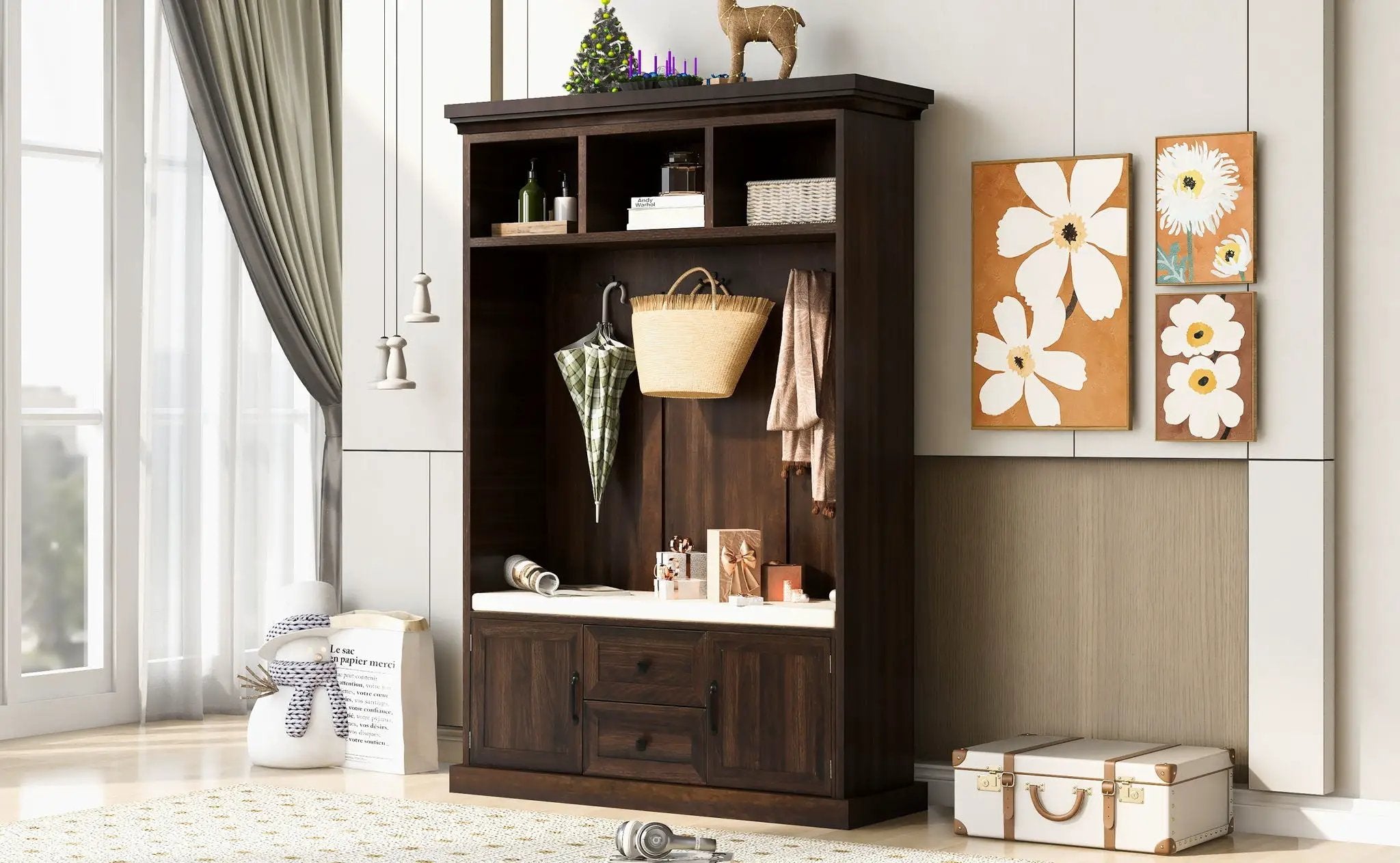 Hall Tree With 3 Hooks, Coat Hanger, Entryway Bench, Storage Bench, 3 In 1 Design by HouseOfZazla