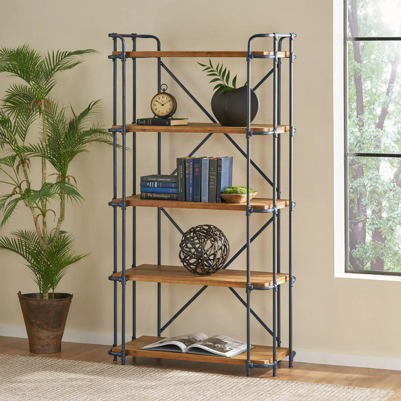 Yorktown Industrial 5 Shelf Bookcase with Metal Pipework and Solid Fir - Natural by HouseOfZazla