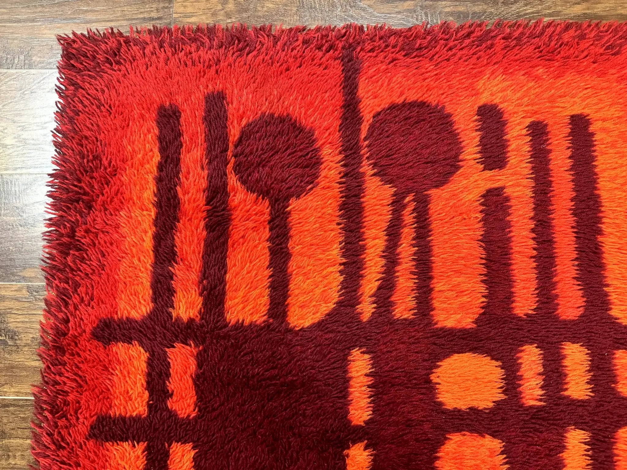 Danish Rya Shag Rug 4x6, Red Vintage Mid Century Retro Abstract Shag Rug by Jewel Rugs