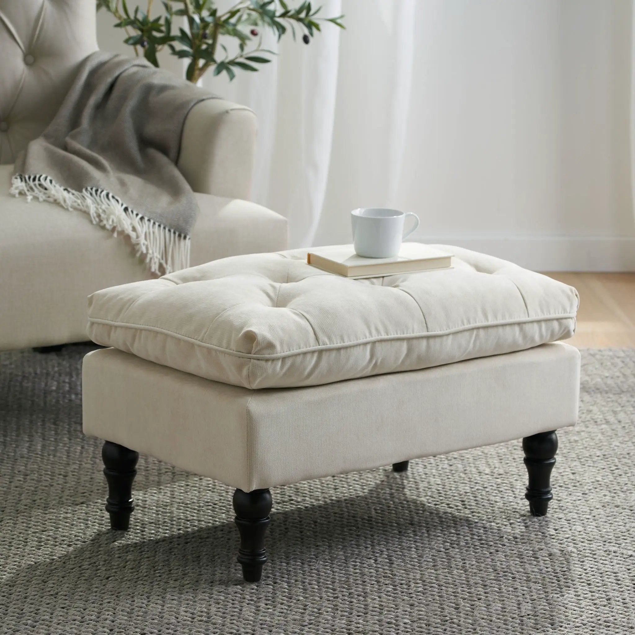 Lofton Pillow Top Ottoman With Button Tufting - Cream by HouseOfZazla