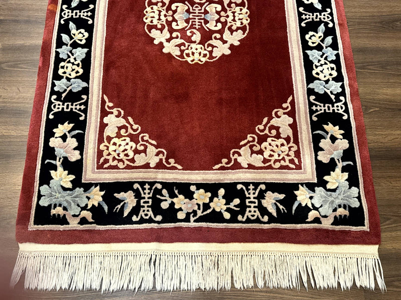 Chinese Wool Rug 4x6, Maroon and Black, Butterflies, Chinese Oriental Carpet, 90 Line Rug by Jewel Rugs