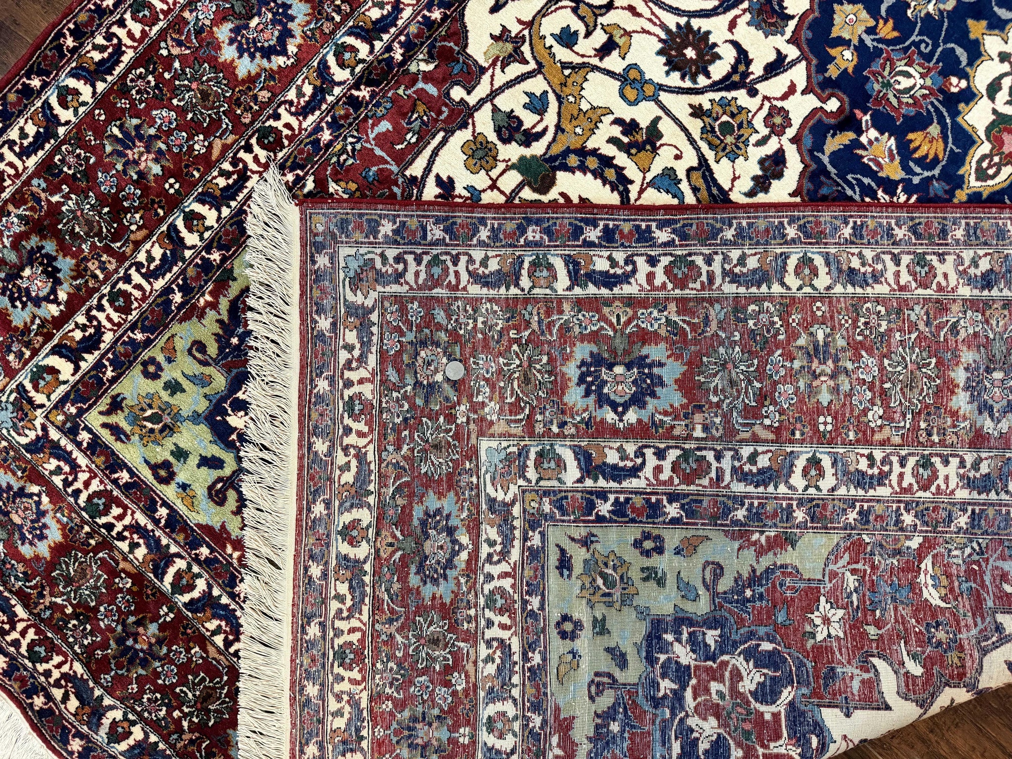 Wonderful Persian Isfahan Rug 7x9, Ivory Navy Blue Red, Floral Medallion, Very Finely Hand Knotted 260 KPSI, Handmade Wool Vintage Rug by Jewel Rugs