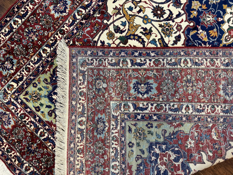Wonderful Persian Isfahan Rug 7x9, Ivory Navy Blue Red, Floral Medallion, Very Finely Hand Knotted 260 KPSI, Handmade Wool Vintage Rug by Jewel Rugs