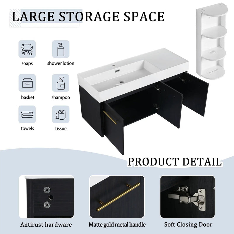 Modern Chestnut Wall Mounted Bathroom Vanity With Left Resin Sink And Storage Rack - Black Chestnut by Unique Piece Furniture