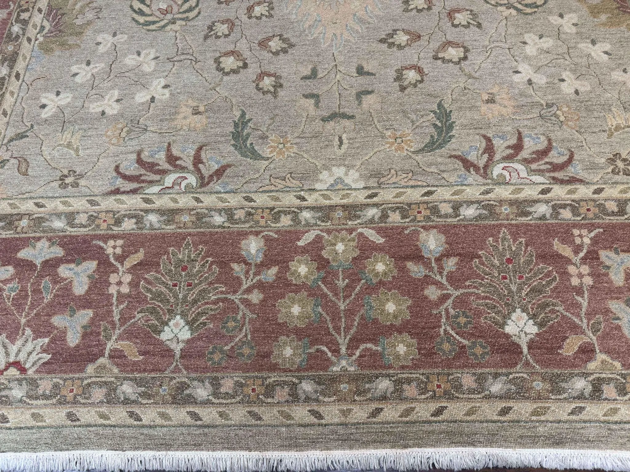 Large Turkish Soumak Rug 10x14, Flatweave Dhurrie, Handmade, Light Green and Salmon by Jewel Rugs