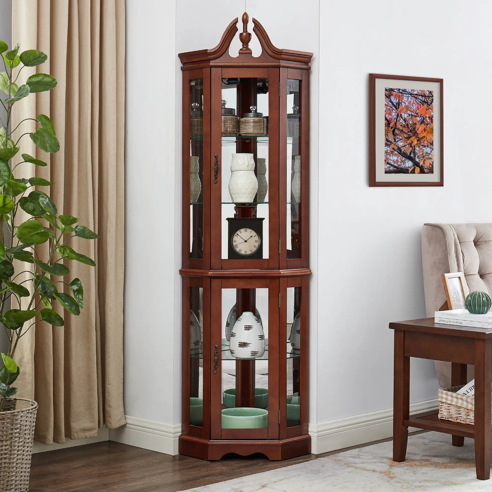 Corner Curio Cabinet With Lights, Adjustable Tempered Glass Shelves, Display Cabinet (E26 Light Bulb Not Included) - Mirrored / Walnut by Unique Piece Furniture
