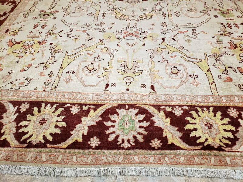 Beige and Maroon Peshawar Rug 10x15, Large Oushak Carpet, Pakistani Rug, Handmade Area Rug, Hand Knotted Rug, Living Room Rug, Nice Wool Rug by Jewel Rugs
