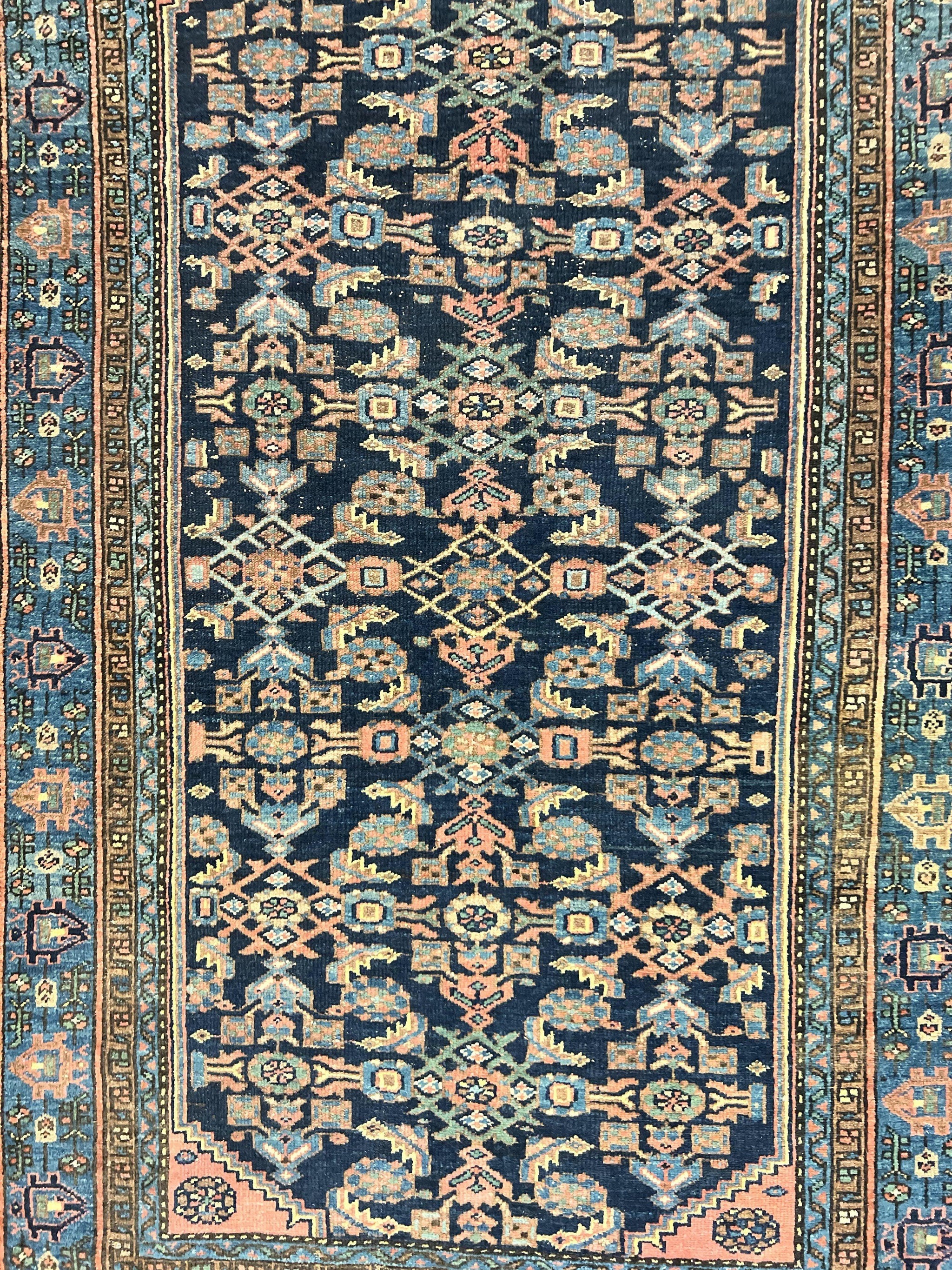 Antique Persian Tribal Rug 5x7, Navy Blue & Pink, Hand Knotted Handmade 1920s Wool Rug, Allover Pattern, Persian Hamadan Rug by Jewel Rugs