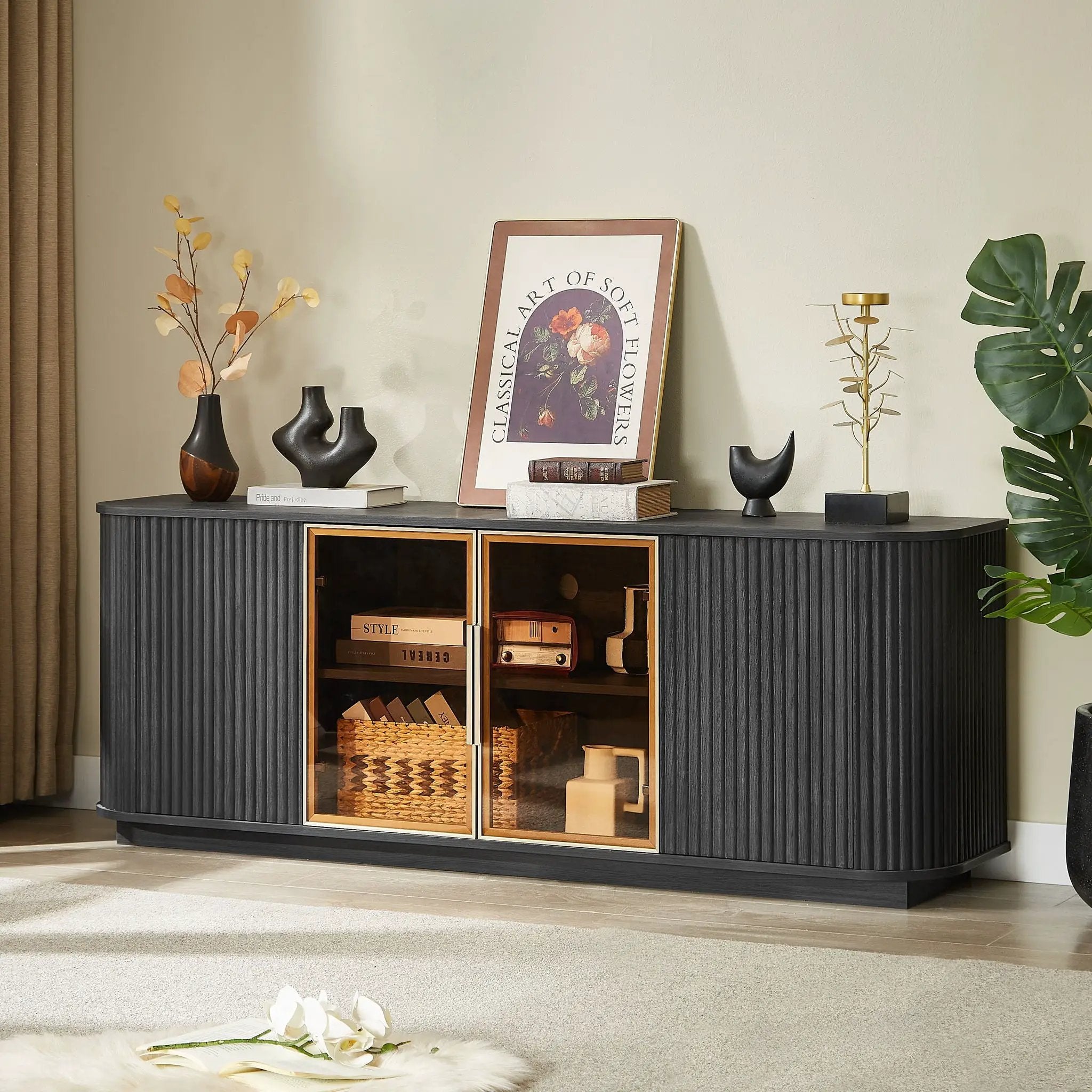 Modern 64" Wavy TV Cabinet With LED Lights - Black by Unique Piece Furniture