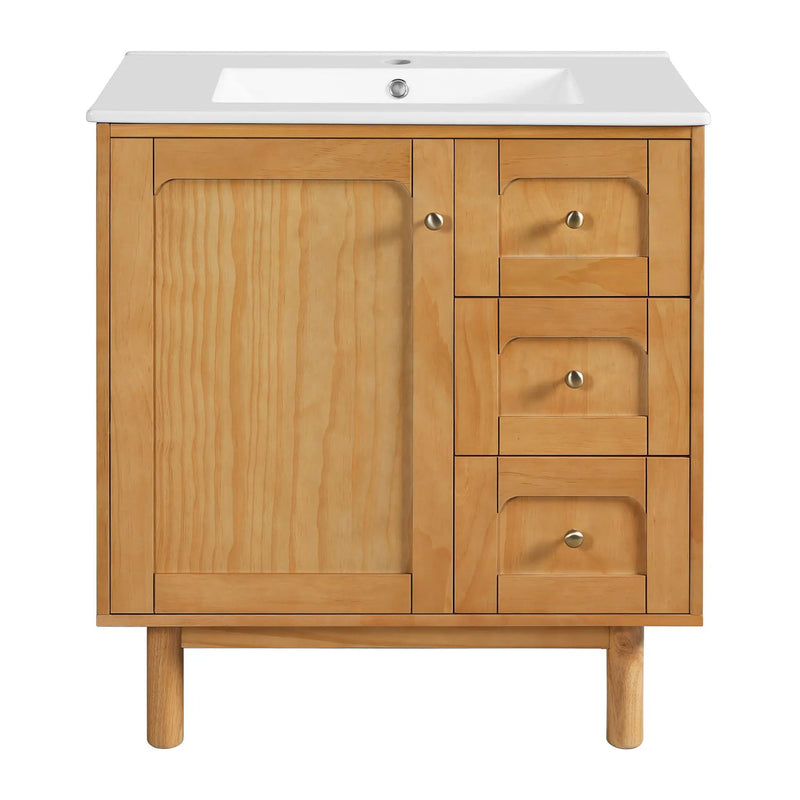 Bathroom Vanity With Sink, 3 Drawers, Soft Close Door - Natural Wood by HouseOfZazla