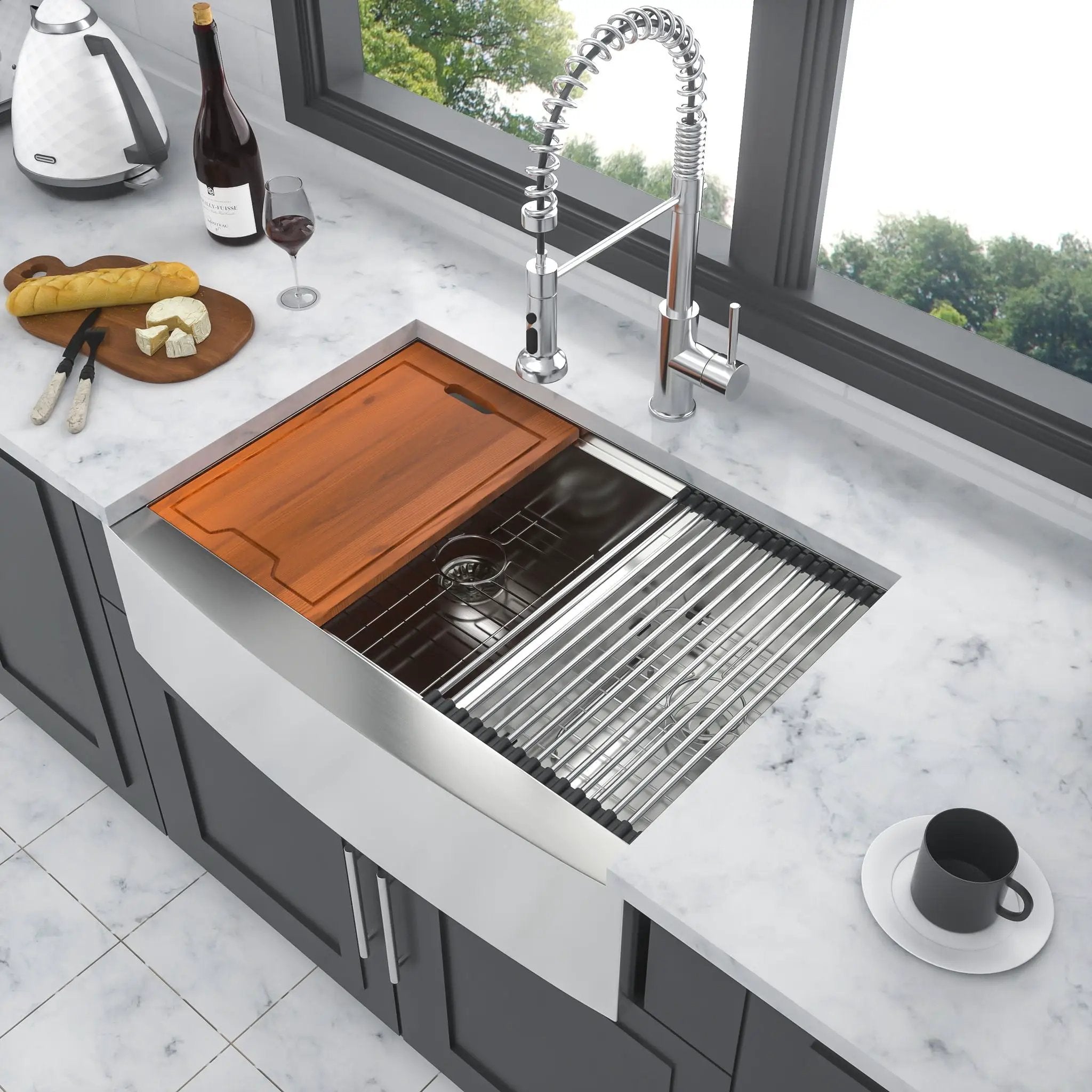 Double Bowl Farmhouse Sink Workstation 33" Stainless Steel 16 Gauge Apron Front - Black / Gray by HouseOfZazla