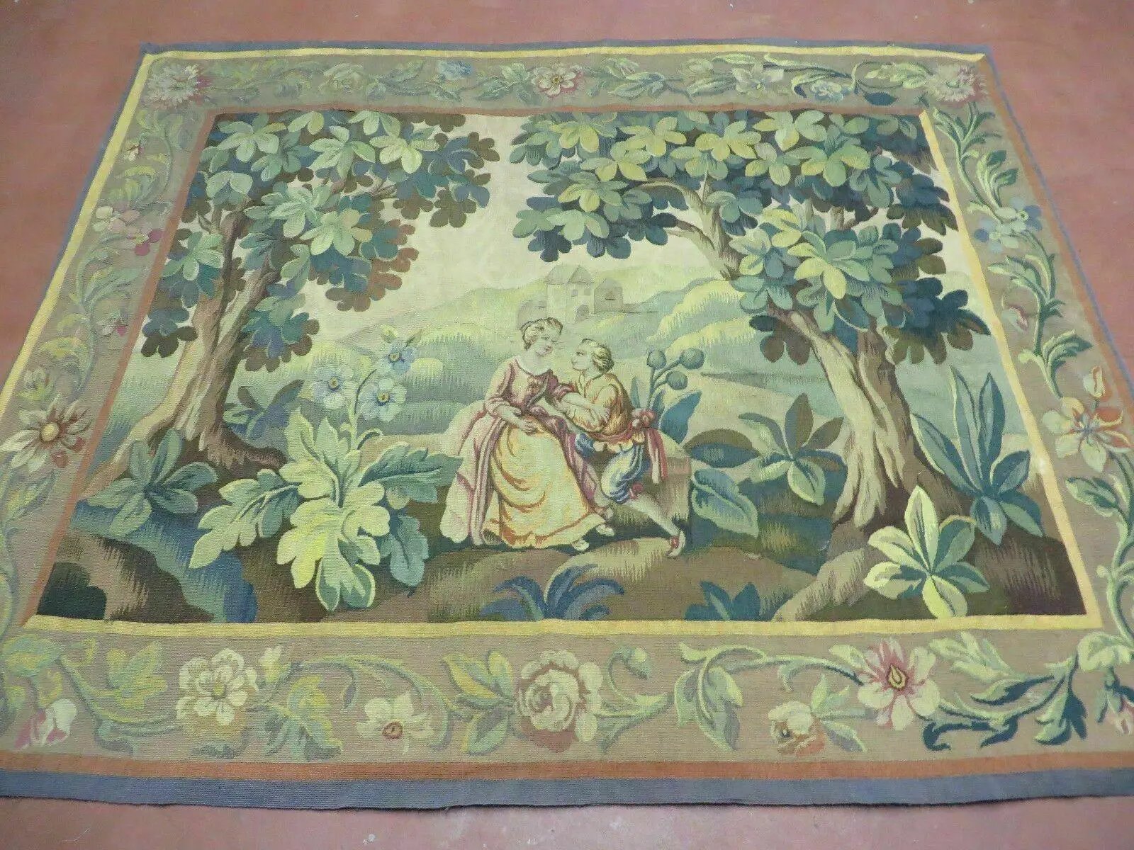 Antique French Tapestry 5x6 French Handmade Aubusson Nature One Of A Kind Rare by Jewel Rugs