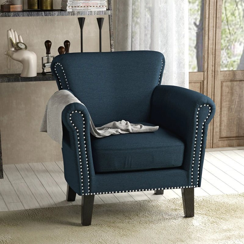 Elegant Navy Blue Fabric Club Chair with Nailhead Trim and Birch Wood Legs by HouseOfZazla