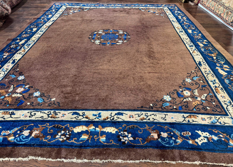 Antique Chinese Wool Rug 9x11, Large Chinese Art Deco Rug, Peking Rug, Brown and Blue, Open Field, Fete Rug by Jewel Rugs