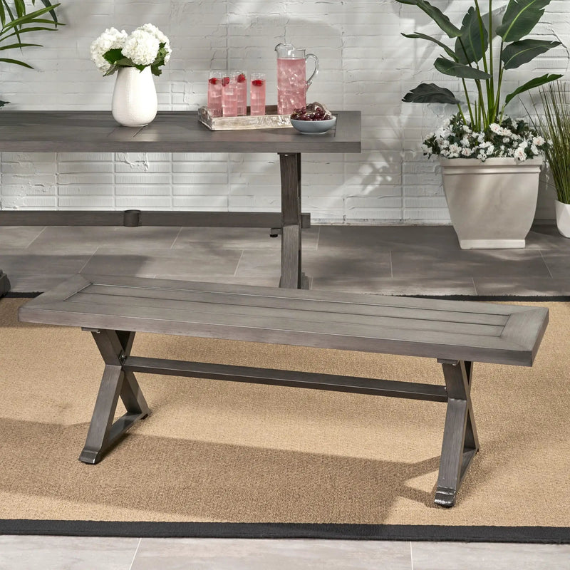 Modern Aluminum Outdoor Dining Bench With X Base - Dark Gray by HouseOfZazla