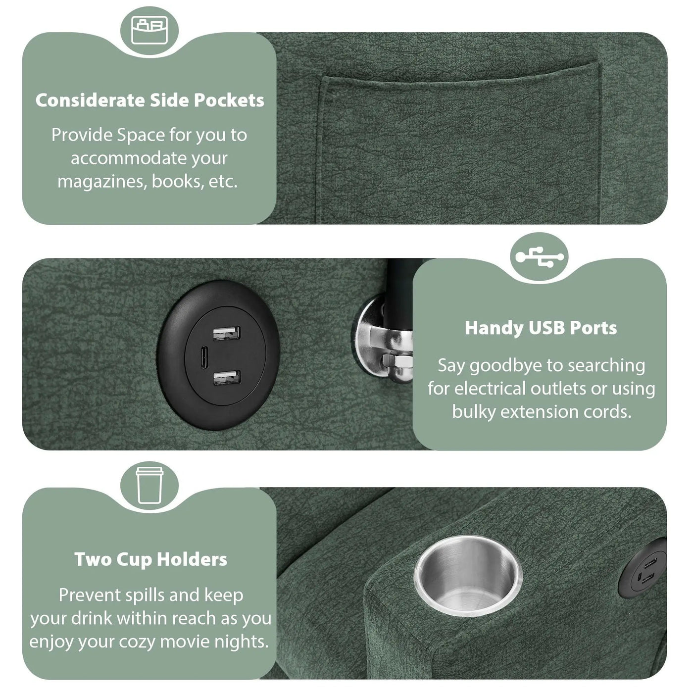 Convertible Sofa Bed Loveseat Sofa With Three USB Ports, Two Side Pockets, Two Cup Holders And 360° swivel Phone Holder For Living Room by Unique Piece Furniture