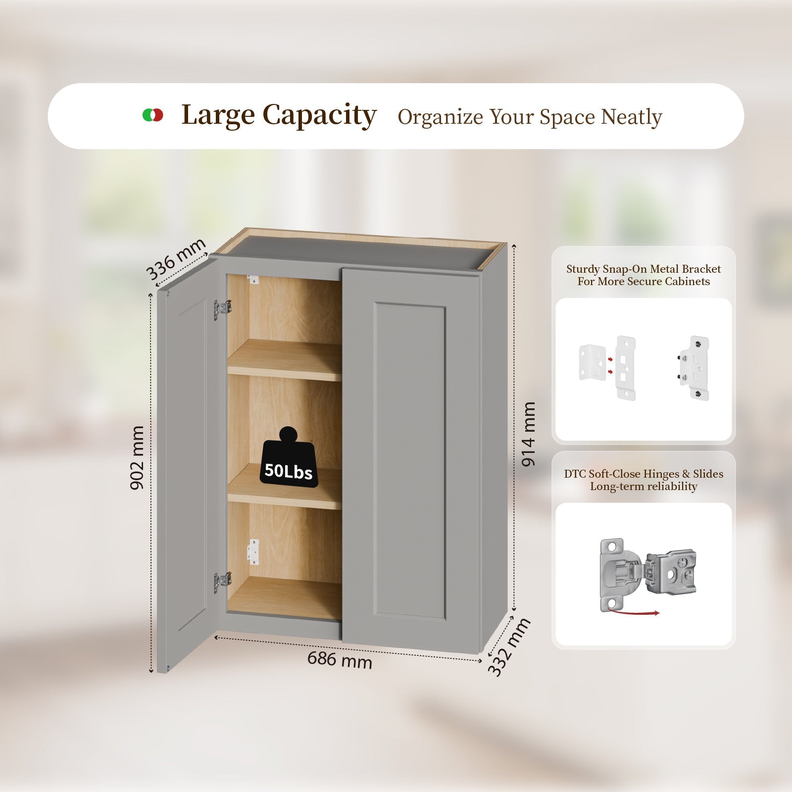 Gray Shaker Solid Wood Wall Cabinet with Soft-Close Doors by HouseOfZazla